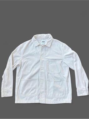 Zara Denim Chore Jacket Cream Ecru Canvas Worker Overshirt Men's - M